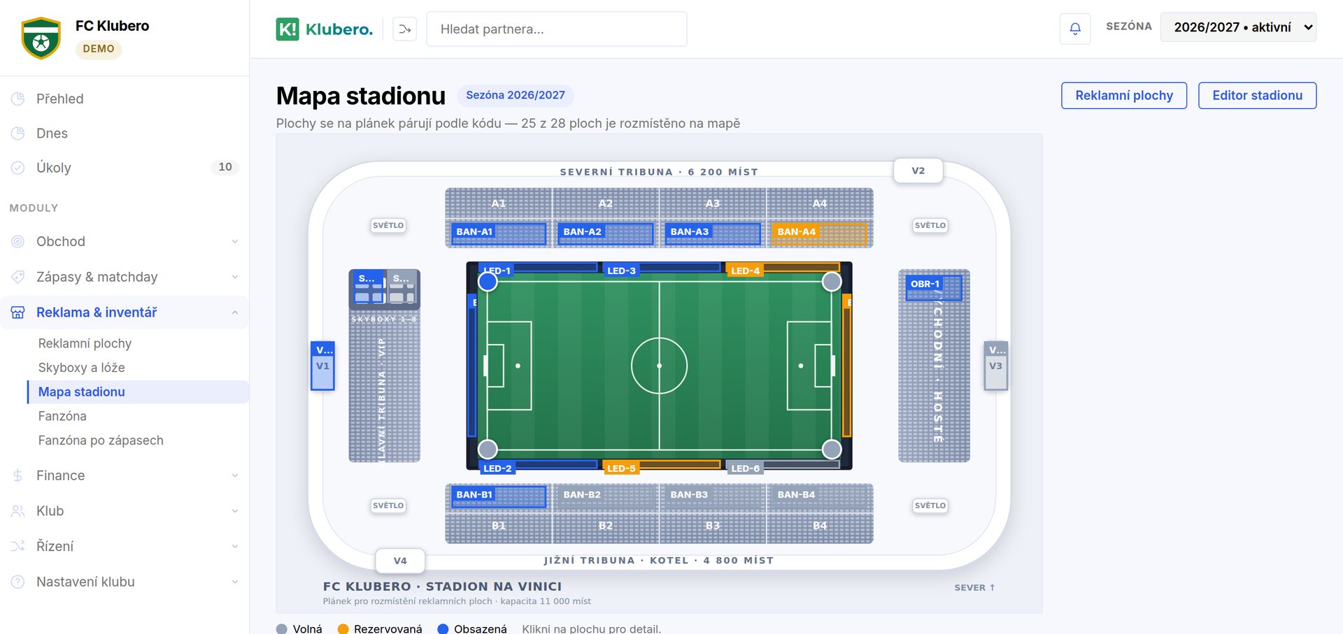 Mapa stadionu s rozmístěnými reklamními plochami