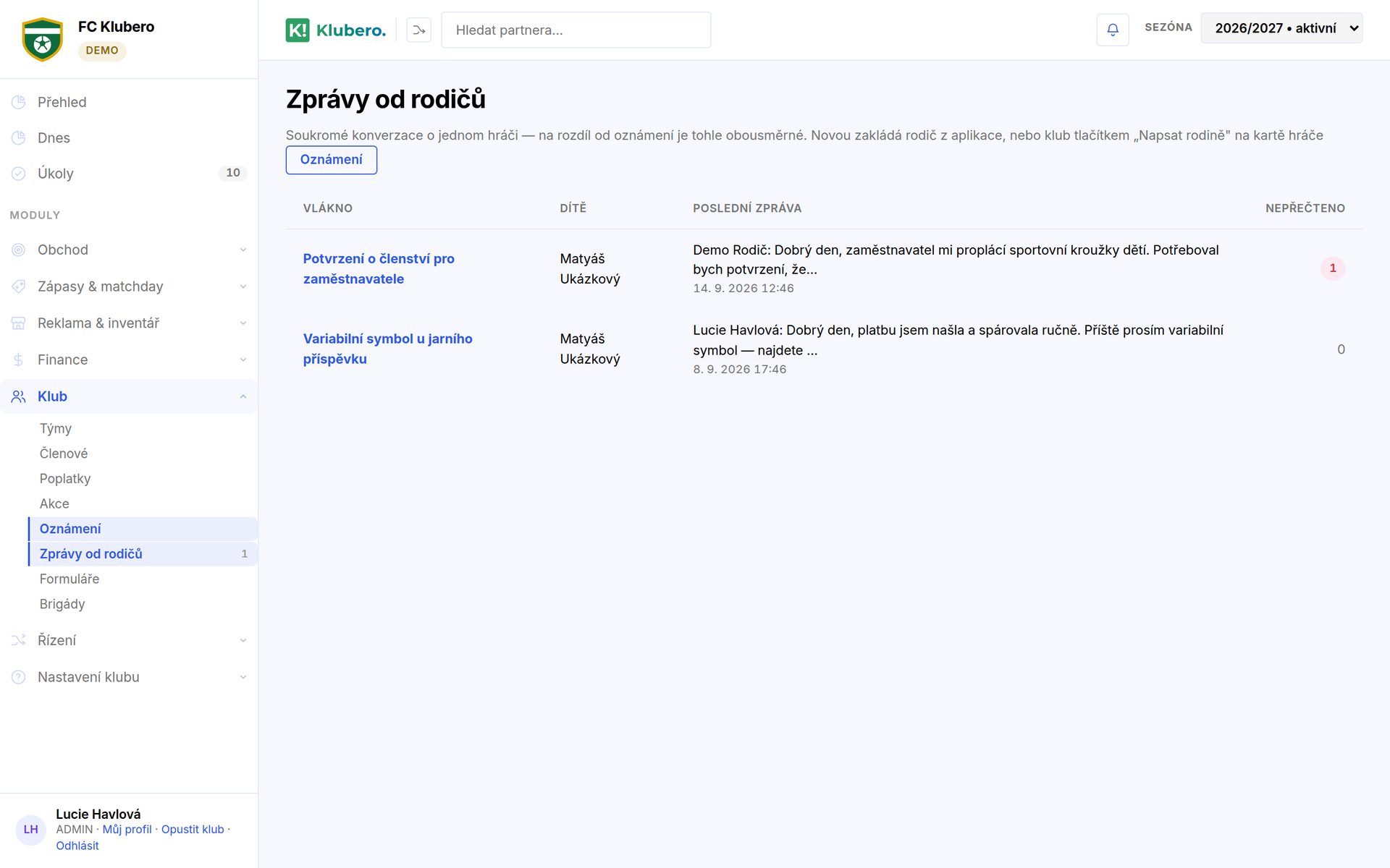 Schránka zpráv od rodičů